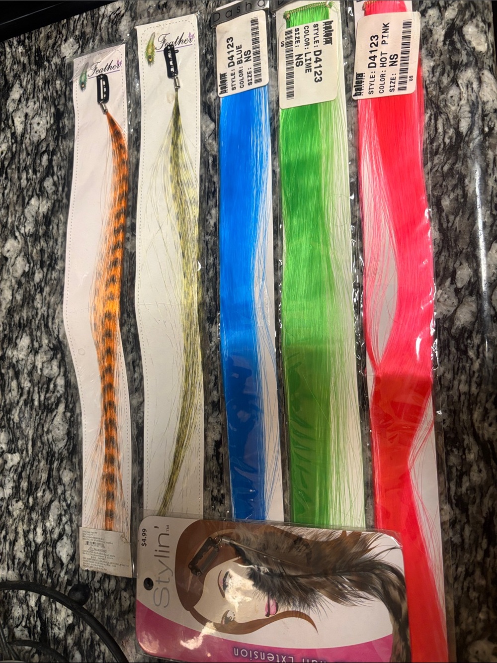 Three hair colorful extensions clips and  three feather hair extensions clip